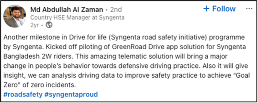 Syngenta Bangladesh rolls out its GreenRoad-based safety initiative